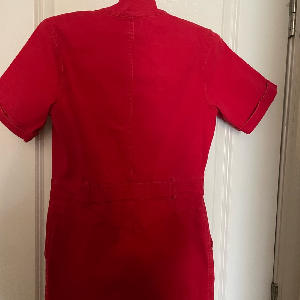 Red Short Sleeve Denim Jumpsuit Boiler Suit - Picture 9 of 11